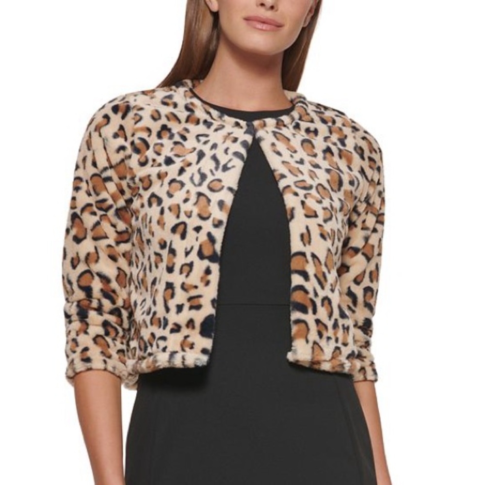 Calvin Klein Leopard Print Cropped Bolero Collarless 3/4 Sleeve Jacket - Large - Picture 2 of 9